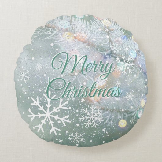 グリーンメリークリスマススノーフレーク ラウンドクッション (正面)