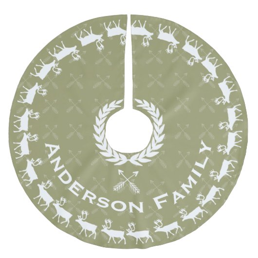 グリーンメリークリスマスファミリー名トナカイ矢印 ブラッシュドポリエステルツリースカート (正面)