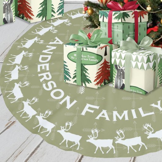 グリーンメリークリスマスファミリー名トナカイ矢印 ブラッシュドポリエステルツリースカート