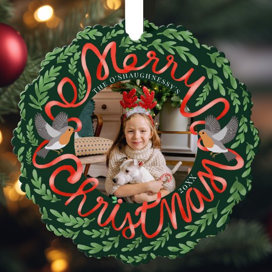 グリーンメリークリスマスフォーク葉のリース写真 オーナメントカード