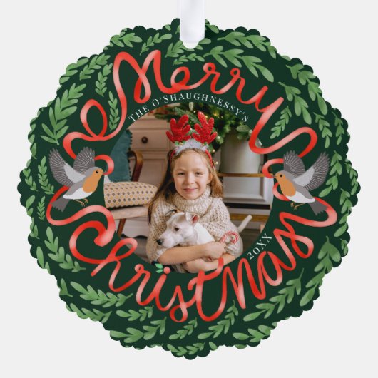 グリーンメリークリスマスフォーク葉のリース写真 オーナメントカード (裏面)