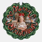 グリーンメリークリスマスフォーク葉のリース写真 オーナメントカード (正面)