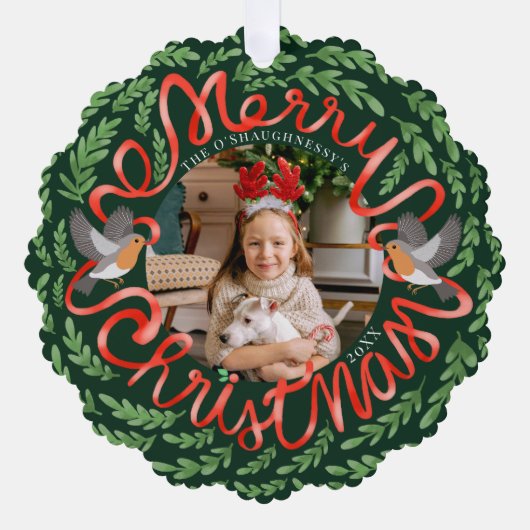 グリーンメリークリスマスフォーク葉のリース写真 オーナメントカード (正面)