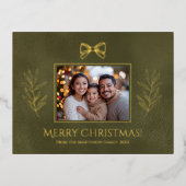 グリーンメリークリスマスブランチBow写真 箔シーズンポストカード (正面)