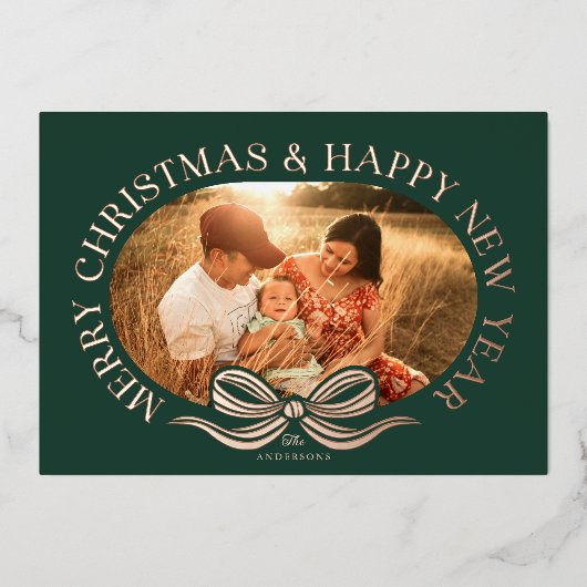 グリーンメリークリスマスボウブロンズ箔ホリデーカード 箔シーズンカード (正面)