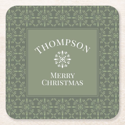 グリーンメリークリスマスモダンの雪エレガント片 スクエアペーパーコースター (正面)