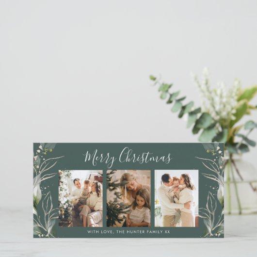 グリーンメリークリスマスモダン3フォトホリデーカード サンキューカード (スタンド正面)