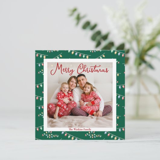 グリーンメリークリスマスライトかわいい家族の写真 シーズンカード (スタンド正面)