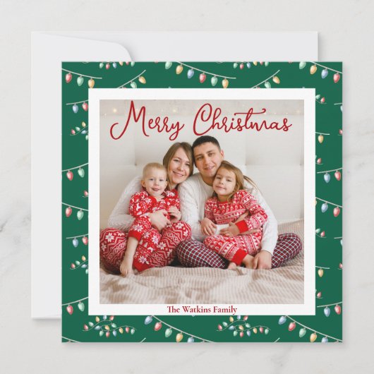 グリーンメリークリスマスライトかわいい家族の写真 シーズンカード (正面)
