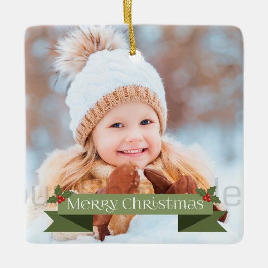 グリーンメリークリスマスリボン セラミックオーナメント (正面)