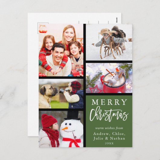 グリーンメリーモダンクリスマス写真コラージュ シーズンポストカード (正面/裏面)