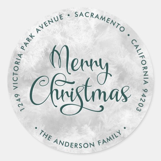 グリーンメリー霜の降りたクリスマス差出人住所ラベル ラウンドシール (正面)