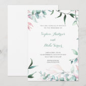 グリーンモダンとピンクのガーデン離れ結婚ズ 招待状 (正面/裏面)