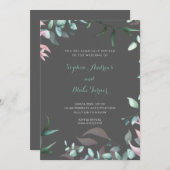 グリーンモダンとピンクガーデン葉ズ結婚ズ 招待状 (正面/裏面)
