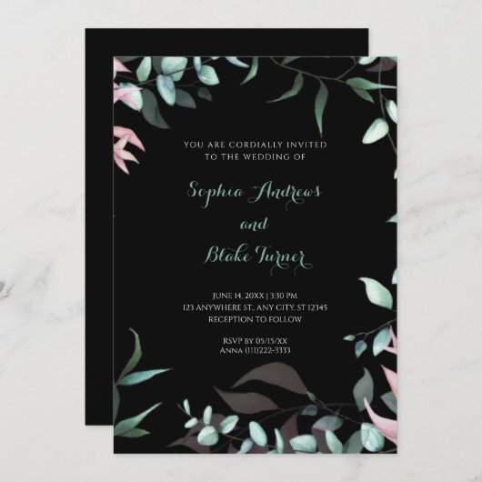 グリーンモダンとピンクガーデン葉ズ結婚ズ 招待状 (正面/裏面)