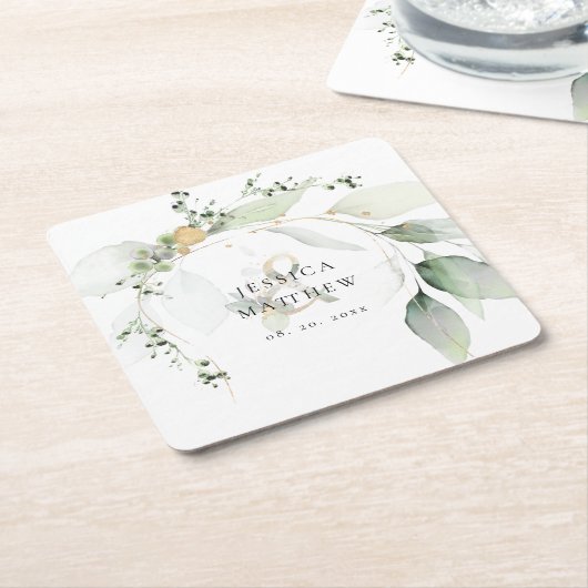 グリーンモダンと金ゴールドユーカリ スクエアペーパーコースター (アングル)