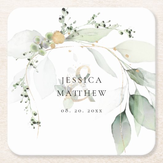 グリーンモダンと金ゴールドユーカリ スクエアペーパーコースター (正面)