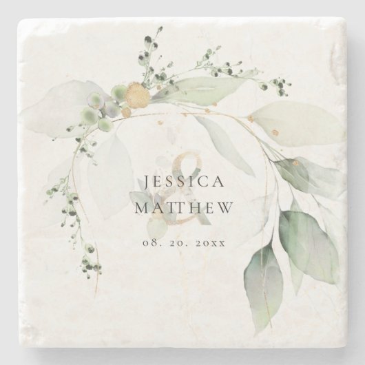 グリーンモダンと金ゴールドユーカリ ストーンコースター (正面)