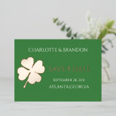 グリーンモダンアイリッシュフォーリーフクローバー保存日 箔招待状 (立ち正面)