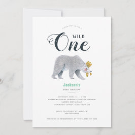 グリーンモダンアドベンチャーベアーアニマルファースト誕生日 招待状