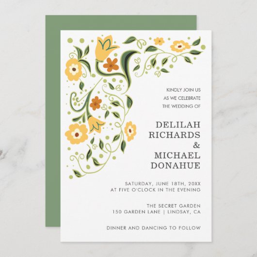 グリーンモダンイエローフローラエレガントな結婚式 招待状 (正面/裏面)