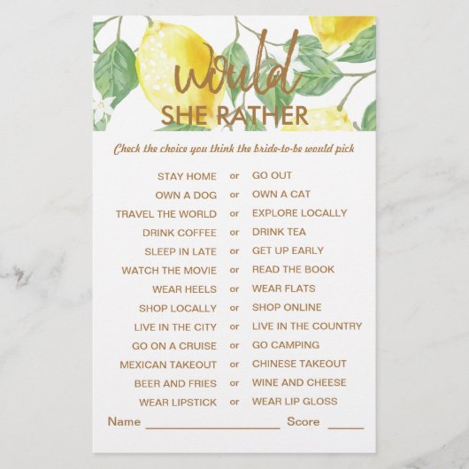 グリーンモダンイエローレモンブライダルシャワーゲーム (正面)