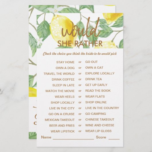 グリーンモダンイエローレモンブライダルシャワーゲーム (正面/裏面)