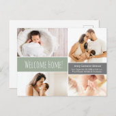 グリーンモダンウェルカムホーム男の赤ちゃんフォトコラージュ 案内ポストカード (正面/裏面)