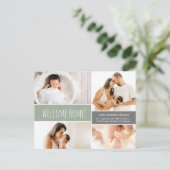 グリーンモダンウェルカムホーム男の赤ちゃんフォトコラージュ 案内ポストカード (スタンド正面)