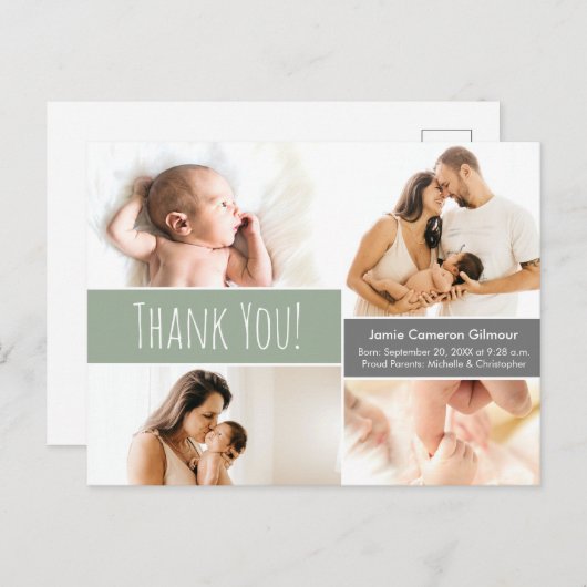 グリーンモダンウェルカムホーム男の赤ちゃんフォトコラージュT 案内ポストカード (正面/裏面)