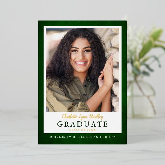 グリーンモダンエレガント金ゴールド卒業発表 箔招待状 (立ち正面)