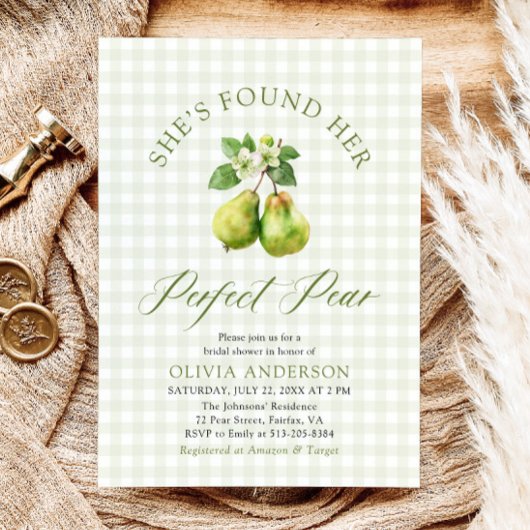 グリーンモダンギンガムパーフェクト梨ブライダルシャワー 招待状