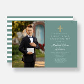 グリーンモダンクロス写真少年ファースト・コミュニオン 招待状