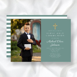 グリーンモダンクロス写真少年ファースト・コミュニオン 招待状