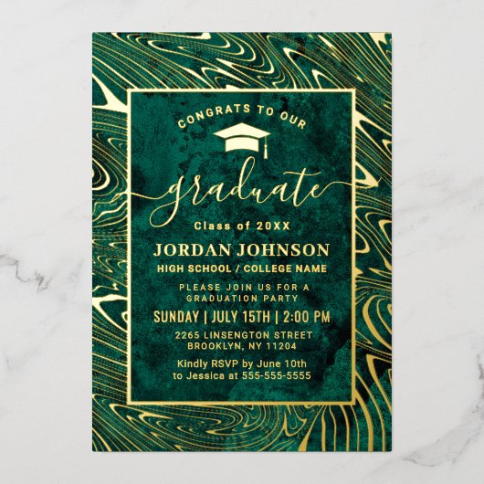 グリーンモダンゲート大理石卒業パーティー金ゴールド 箔招待状 (正面)