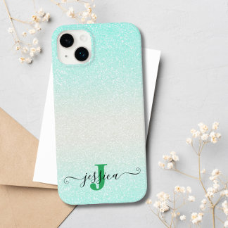 グリーンモダンシルバーグラデーショングリッターモノグラムの Case-Mate iPhone 14 PLUSケース
