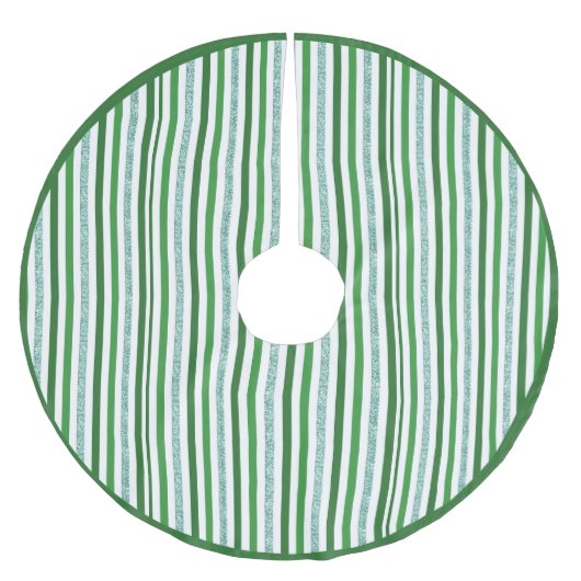 グリーンモダンシルバーグリッターストライプクリスマスクリスマス ブラッシュドポリエステルツリースカート (正面)