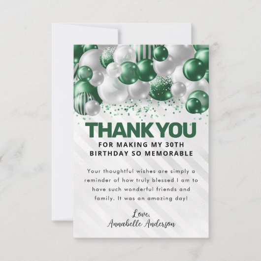 グリーンモダンシルバー風船グラムグリッター誕生日 サンキューカード (正面)