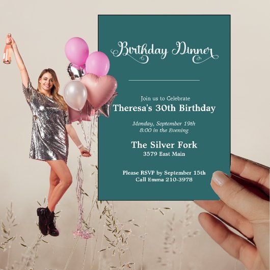 グリーンモダンジュエルトーンエレガント誕生日ディナー 招待状