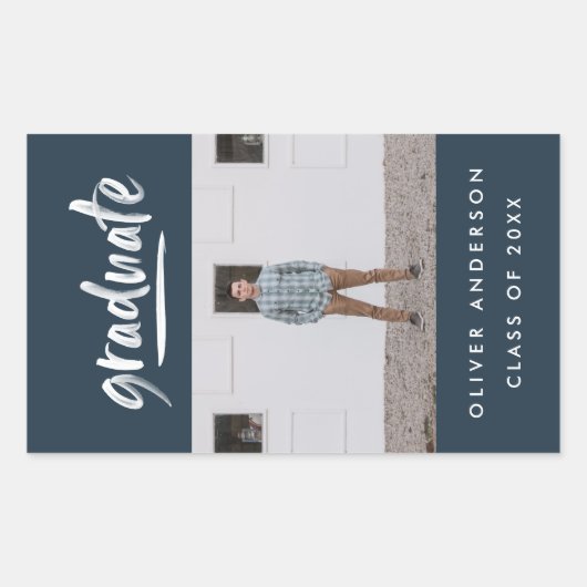 グリーンモダンスクリプト写真ネイビーブルー卒業 長方形シール (正面)
