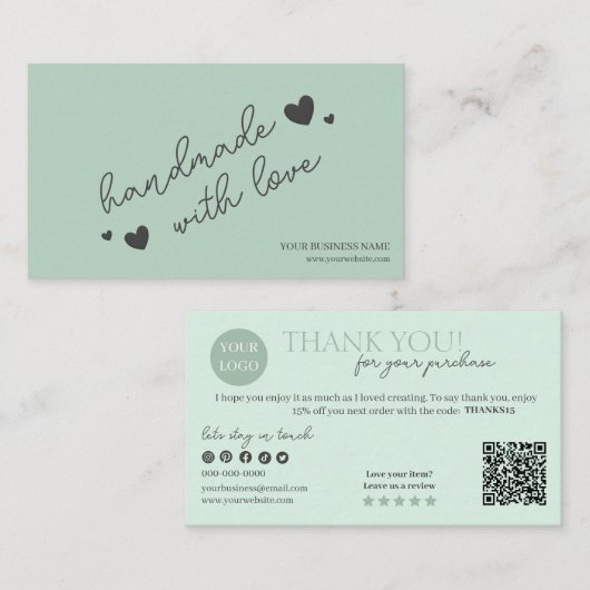 グリーンモダンスクリプトQRコード、ありがとうございます 名刺 (正面/裏面)