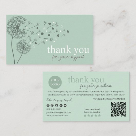 グリーンモダンスクリプトQRコード、ありがとうございます 名刺 (正面/裏面)