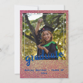 グリーンモダンスター写真卒業ピンクグリッター 招待状