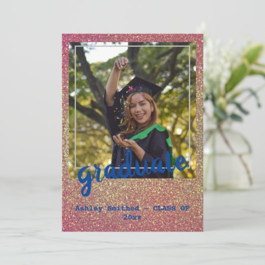 グリーンモダンスター写真卒業ピンクグリッター 招待状 (スタンド正面)