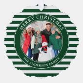 グリーンモダンストライプクリスマスフォト オーナメントカード (正面)