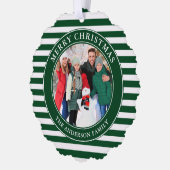 グリーンモダンストライプクリスマスフォト オーナメントカード (左)