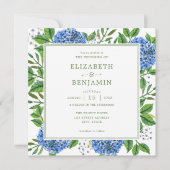 グリーンモダンストライプブルーアジサイ結婚ズ 招待状 (正面)