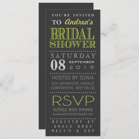 グリーンモダンタイポグラフィブライダルシャワーロング 招待状 (正面/裏面)