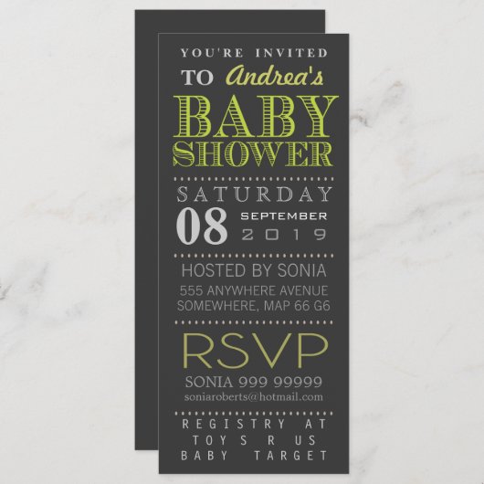 グリーンモダンタイポグラフィベビーシャワー長 招待状 (正面/裏面)