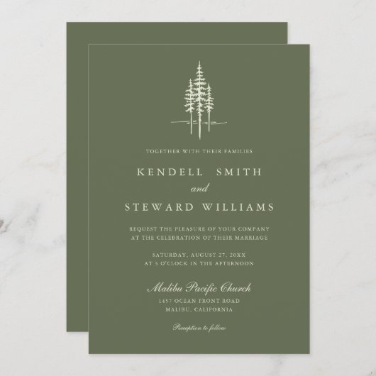 グリーンモダンツリーフォレスト素朴結婚式招待状 招待状 (正面/裏面)